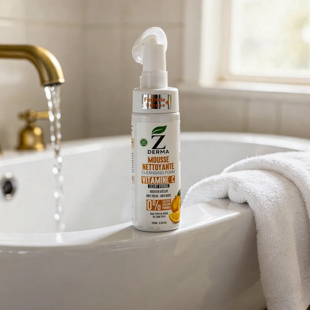 Mousse Nettoyante Vitamine C au bord du lavabo